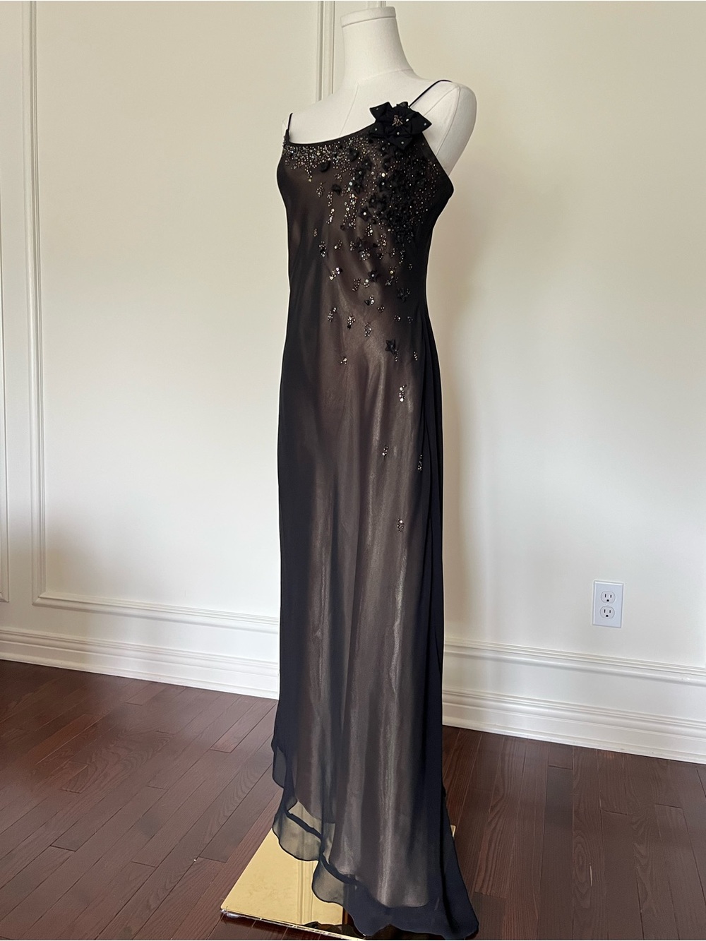 Vintage 90s Joseph Ribkoff Beaded Chiffon Slip Gown Nude Illusion Black Maxi